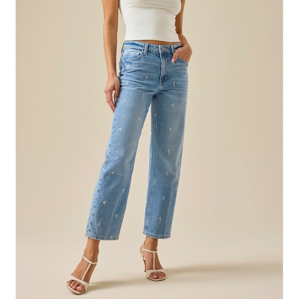 Altar'd State Nautical Embroidered Straight Leg Jeans Light Wash Size 25